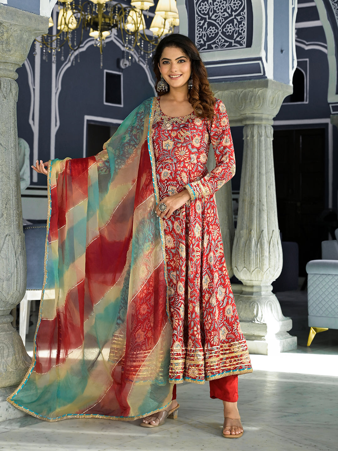 Women's Red Floral Printed Anarkali Muslin Kurta Trouser with Dupatta Set - Taantav