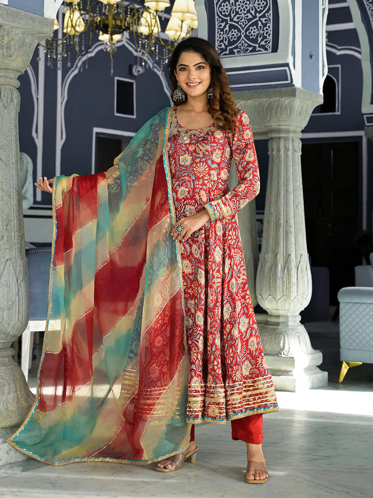 Women's Red Floral Printed Anarkali Muslin Kurta Trouser with Dupatta Set