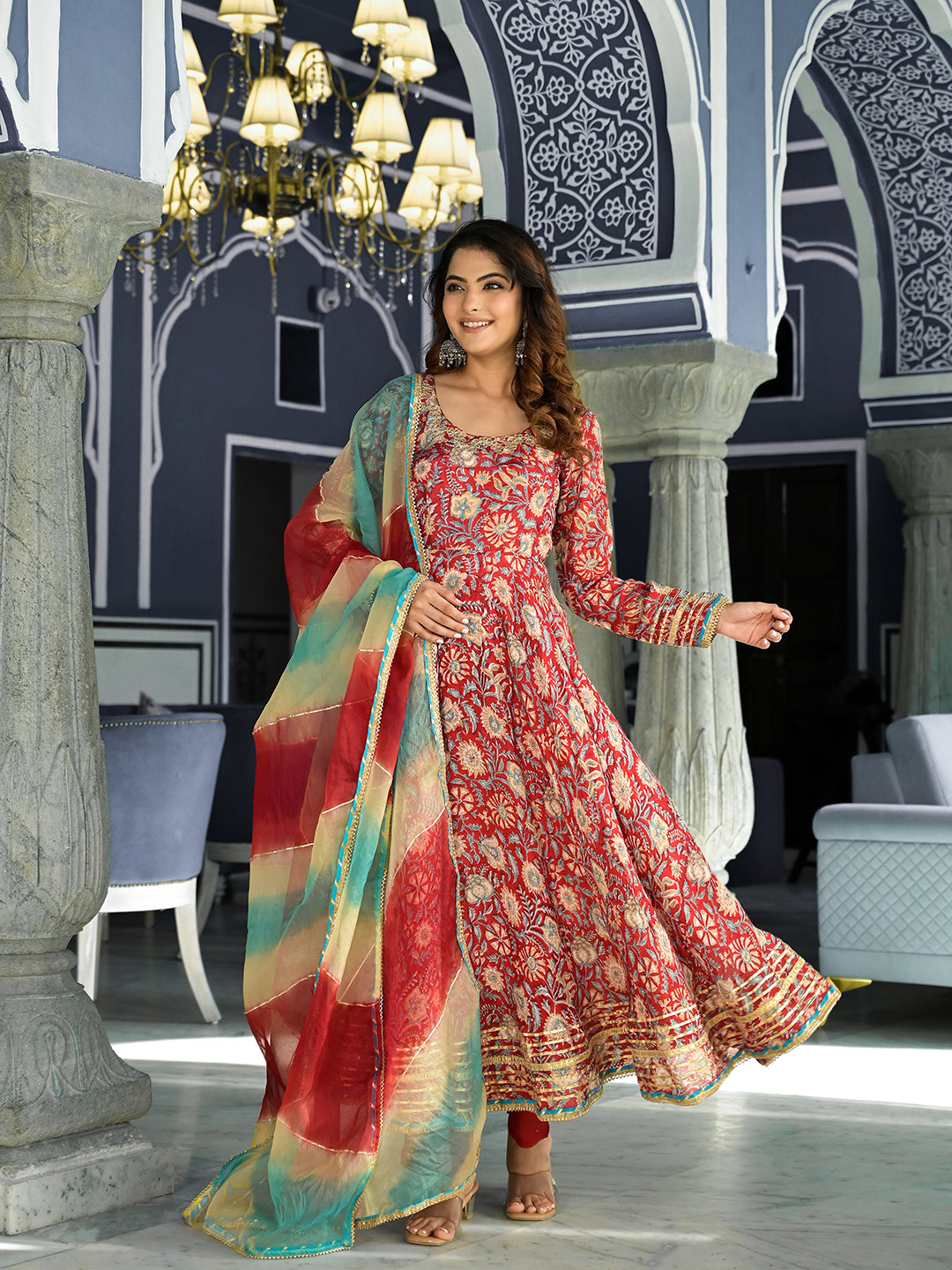 Women's Red Floral Printed Anarkali Muslin Kurta Trouser with Dupatta Set - Taantav