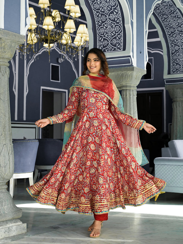 Women's Red Floral Printed Anarkali Muslin Kurta Trouser with Dupatta Set