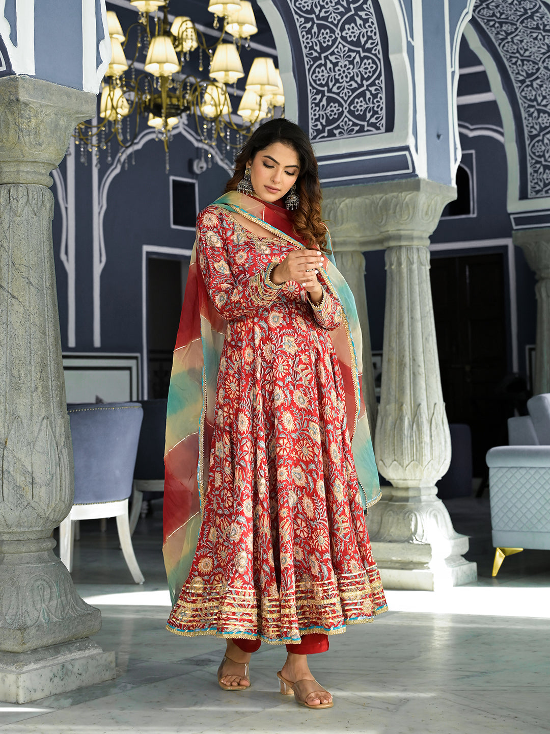 Women's Red Floral Printed Anarkali Muslin Kurta Trouser with Dupatta Set - Taantav