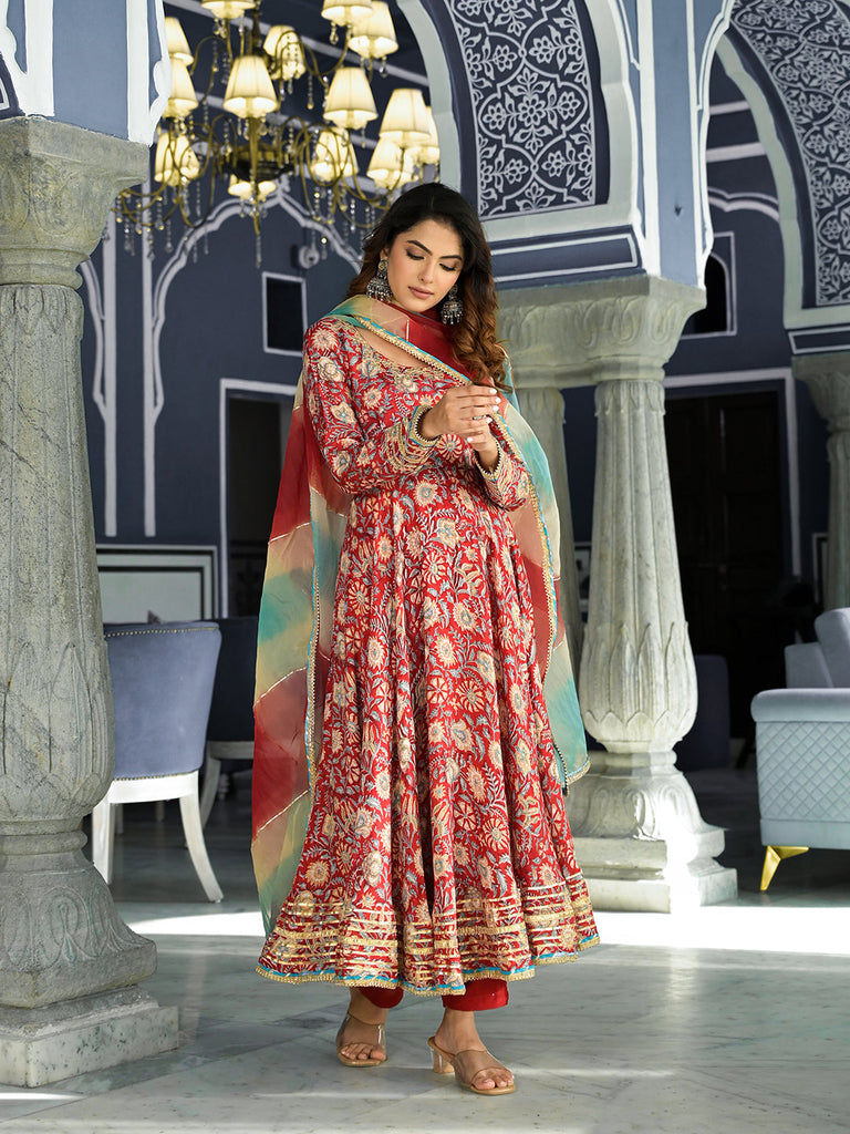 Women's Red Floral Printed Anarkali Muslin Kurta Trouser with Dupatta Set