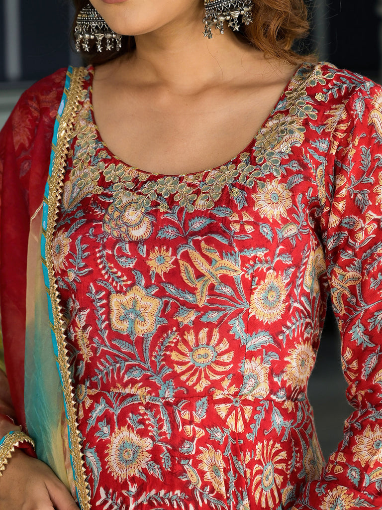Women's Red Floral Printed Anarkali Muslin Kurta Trouser with Dupatta Set