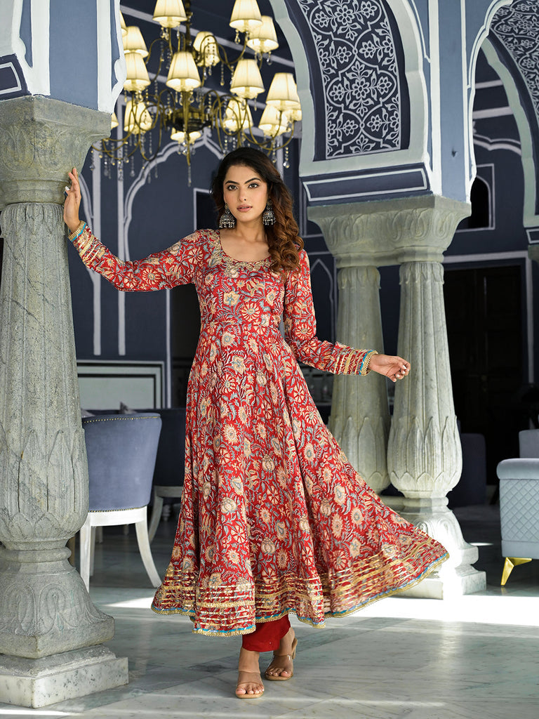 Women's Red Floral Printed Anarkali Muslin Kurta Trouser with Dupatta Set