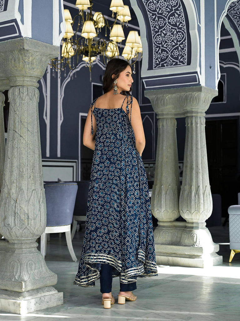 Women's Blue Printed Anarkali Muslin Shoulder Stripe Kurta Trouser with Dupatta Set