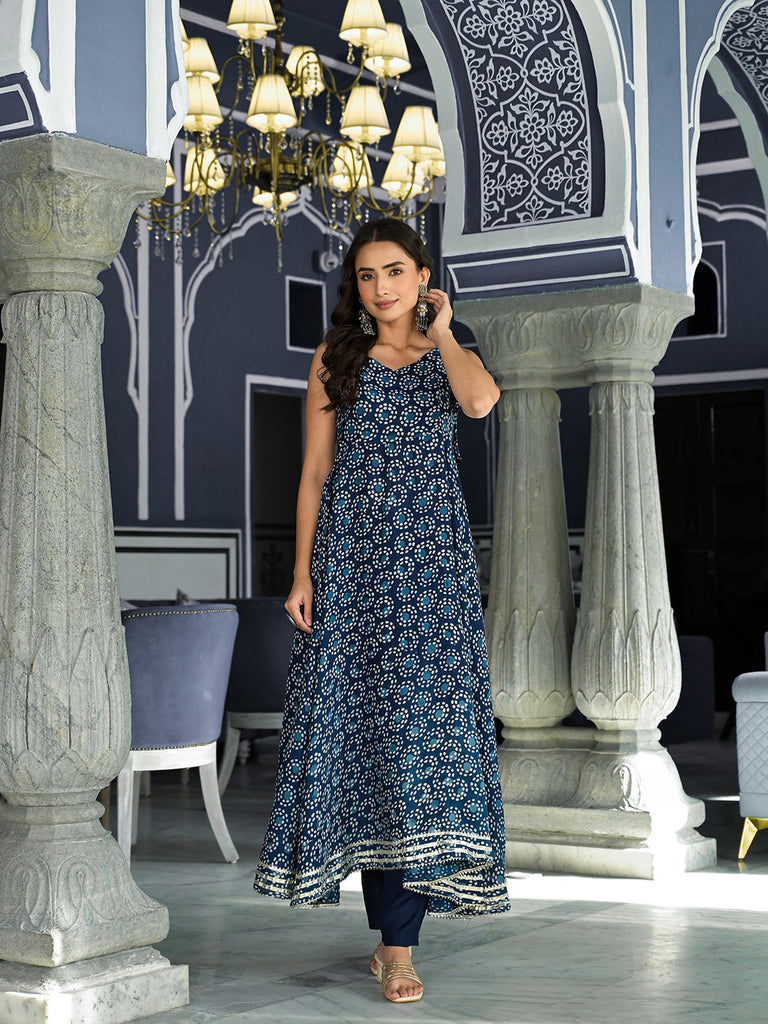 Women's Blue Printed Anarkali Muslin Shoulder Stripe Kurta Trouser with Dupatta Set
