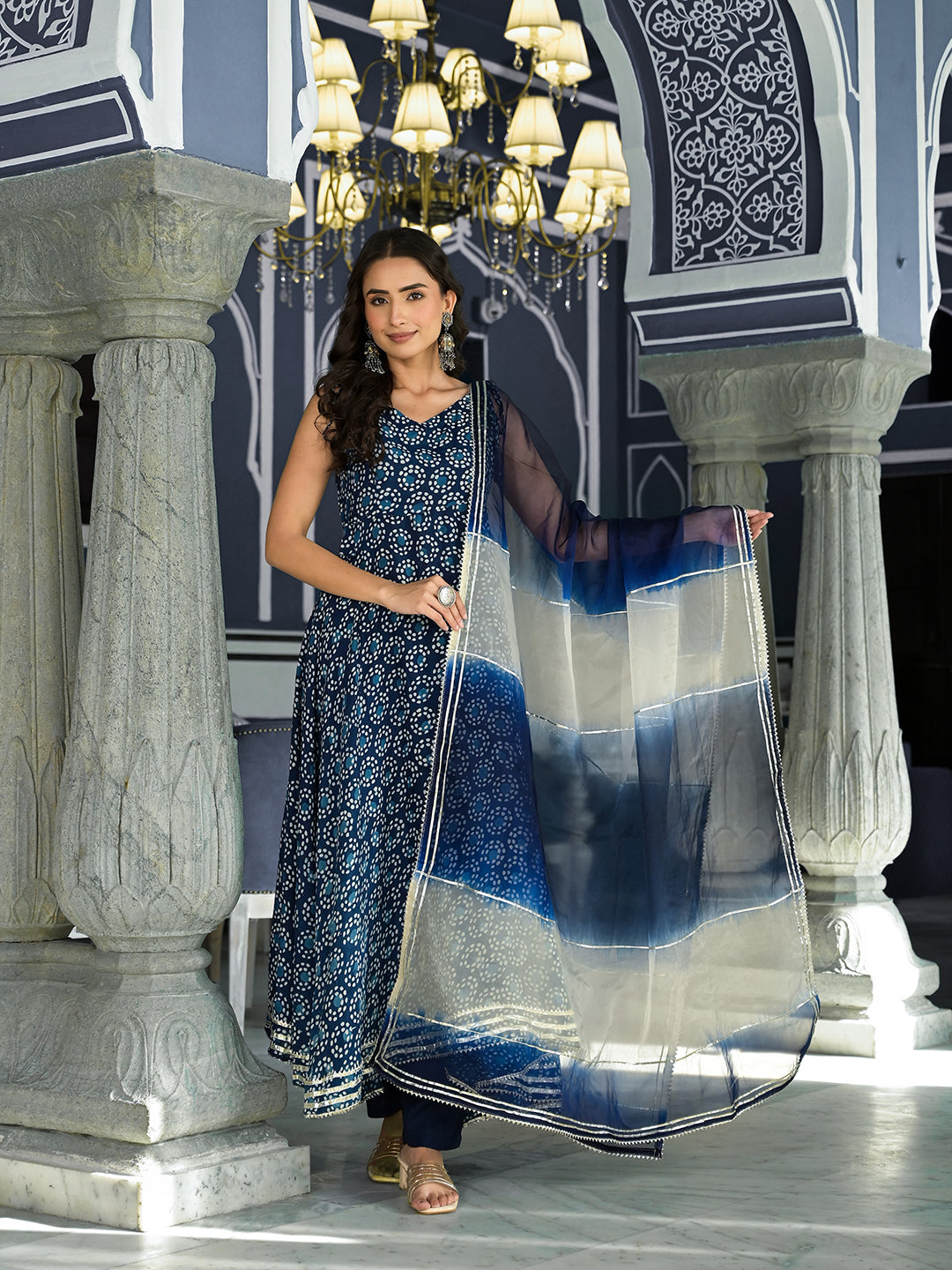 Women's Blue Printed Anarkali Muslin Shoulder Stripe Kurta Trouser with Dupatta Set - Taantav