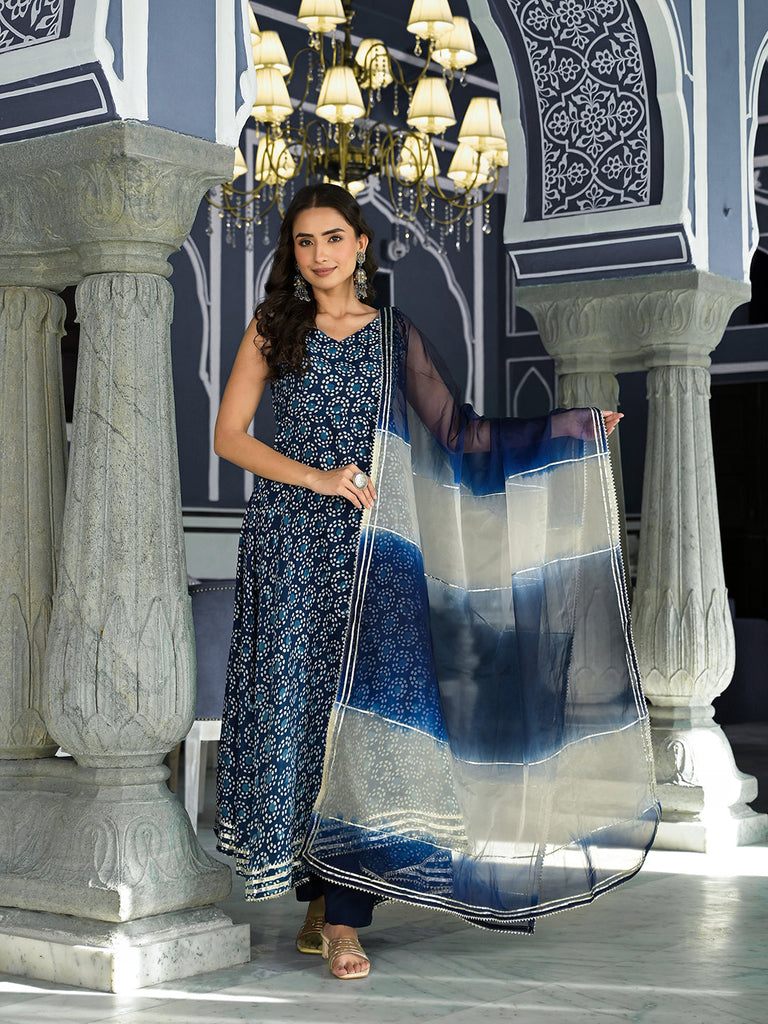 Women's Blue Printed Anarkali Muslin Shoulder Stripe Kurta Trouser with Dupatta Set