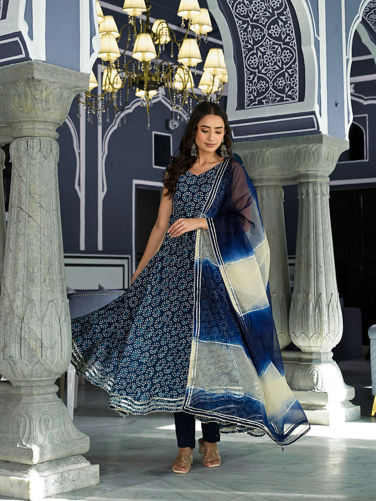 Women's Blue Printed Anarkali Muslin Shoulder Stripe Kurta Trouser with Dupatta Set