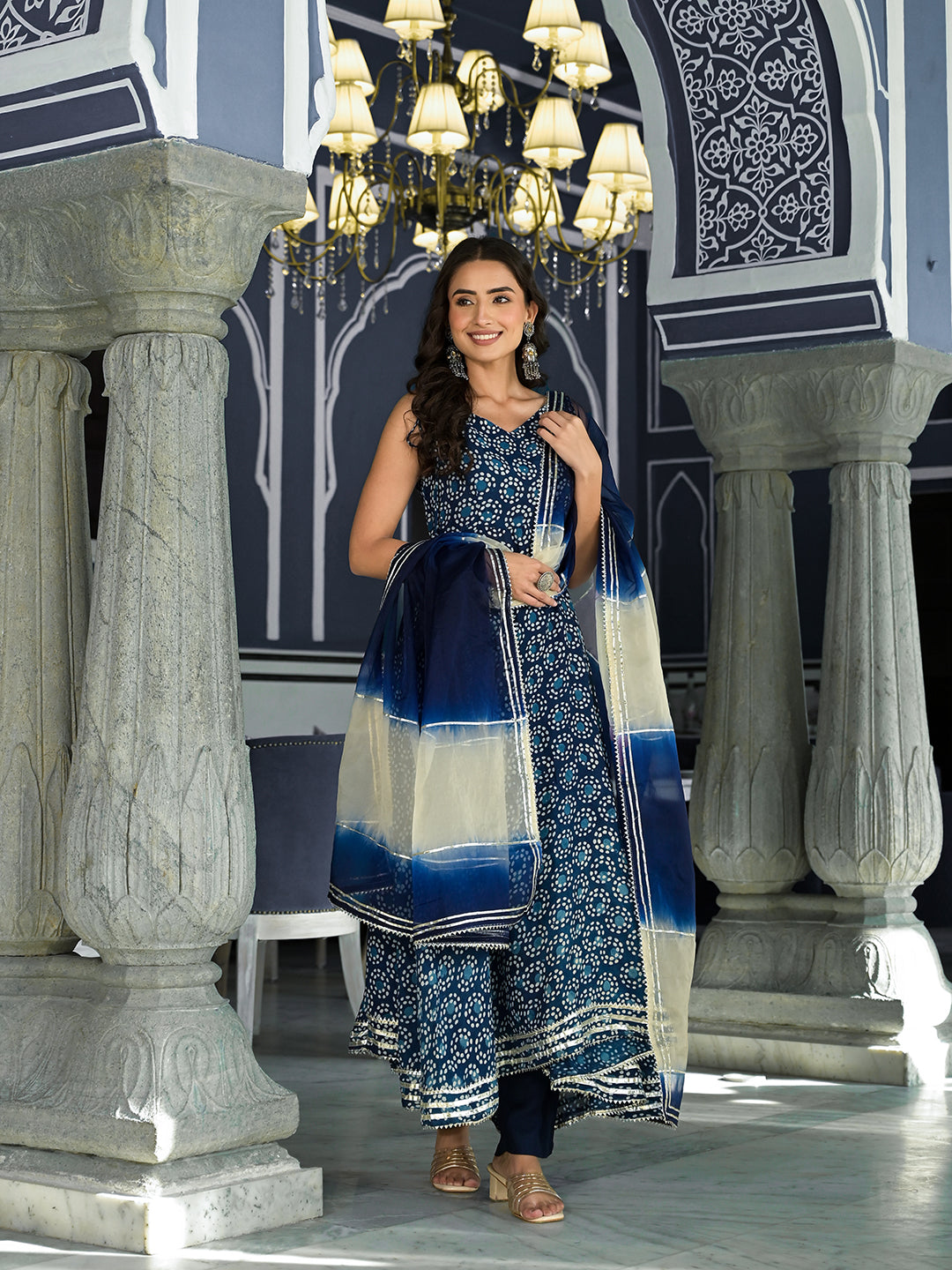 Women's Blue Printed Anarkali Muslin Shoulder Stripe Kurta Trouser with Dupatta Set - Taantav