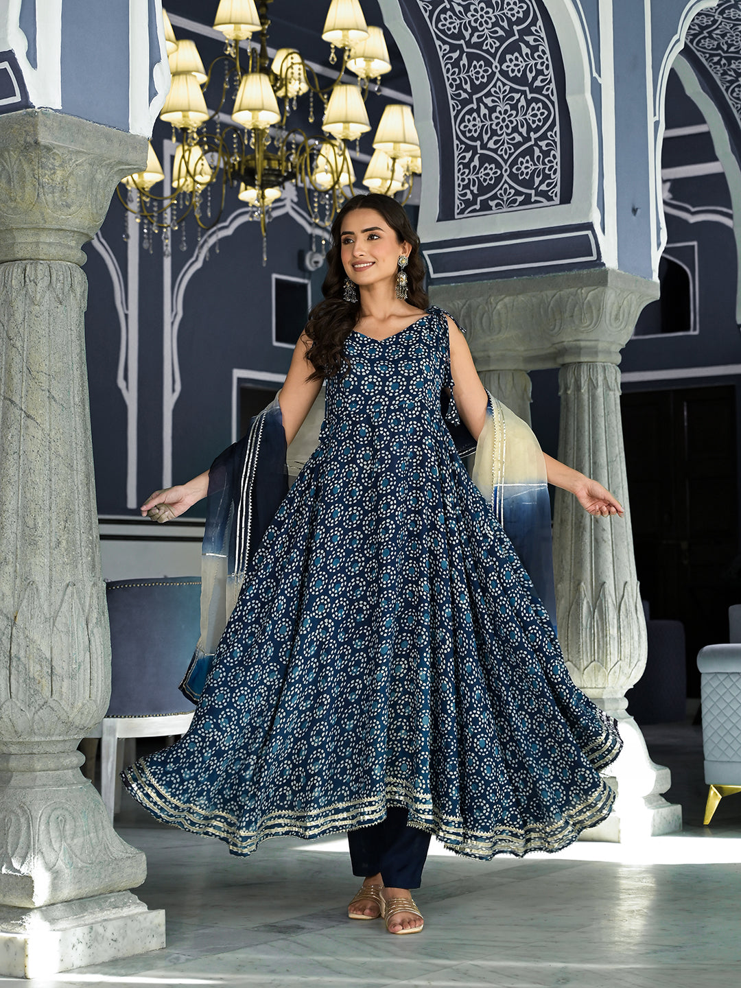 Women's Blue Printed Anarkali Muslin Shoulder Stripe Kurta Trouser with Dupatta Set - Taantav