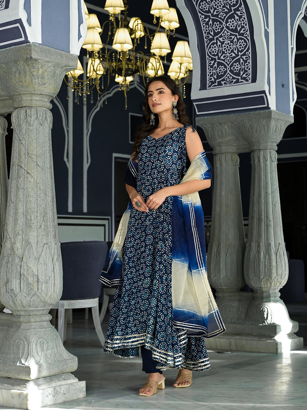 Women's Blue Printed Anarkali Muslin Shoulder Stripe Kurta Trouser with Dupatta Set - Taantav