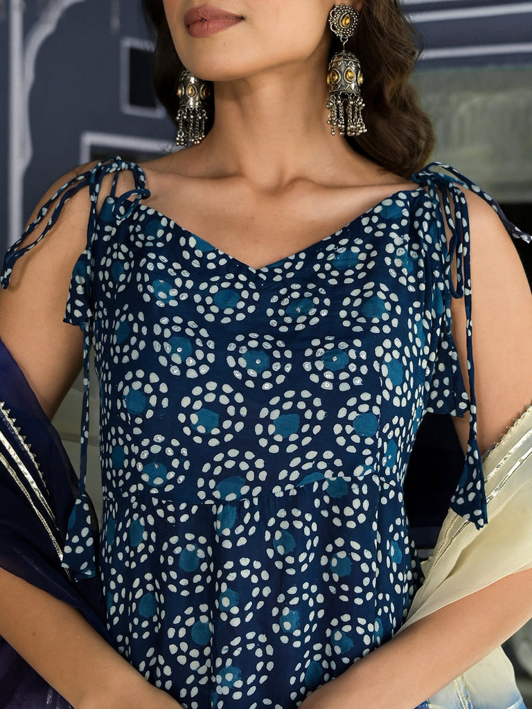 Women's Blue Printed Anarkali Muslin Shoulder Stripe Kurta Trouser with Dupatta Set