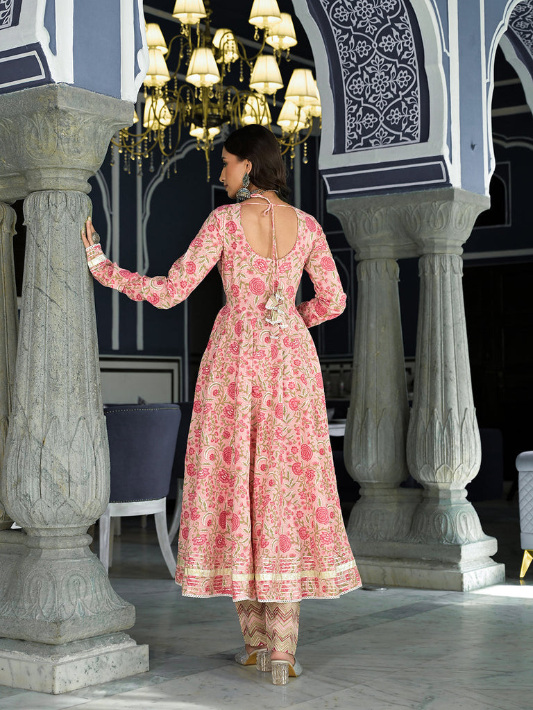 Women's Pink Floral Hand Block Printed Anarkali Kurta Trouser with Dupatta Set