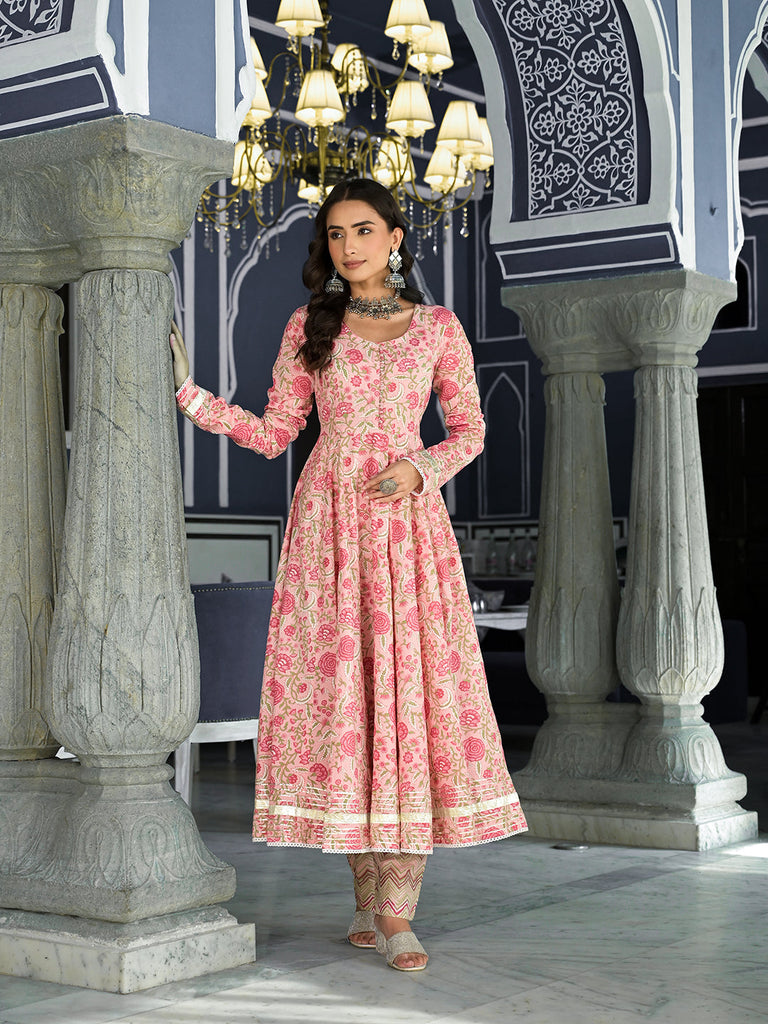 Women's Pink Floral Hand Block Printed Anarkali Kurta Trouser with Dupatta Set