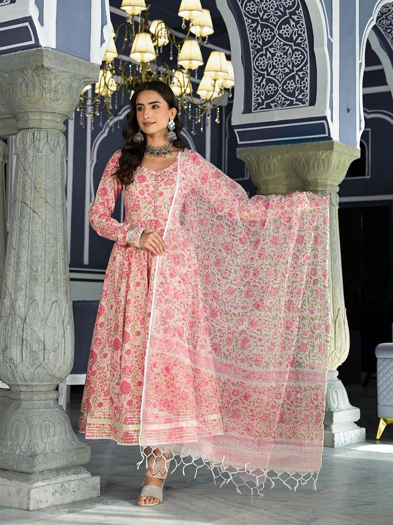 Women's Pink Floral Hand Block Printed Anarkali Kurta Trouser with Dupatta Set