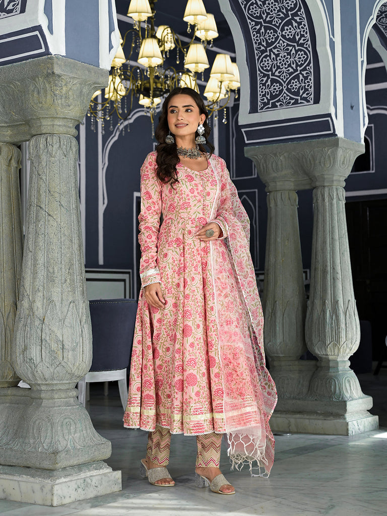 Women's Pink Floral Hand Block Printed Anarkali Kurta Trouser with Dupatta Set