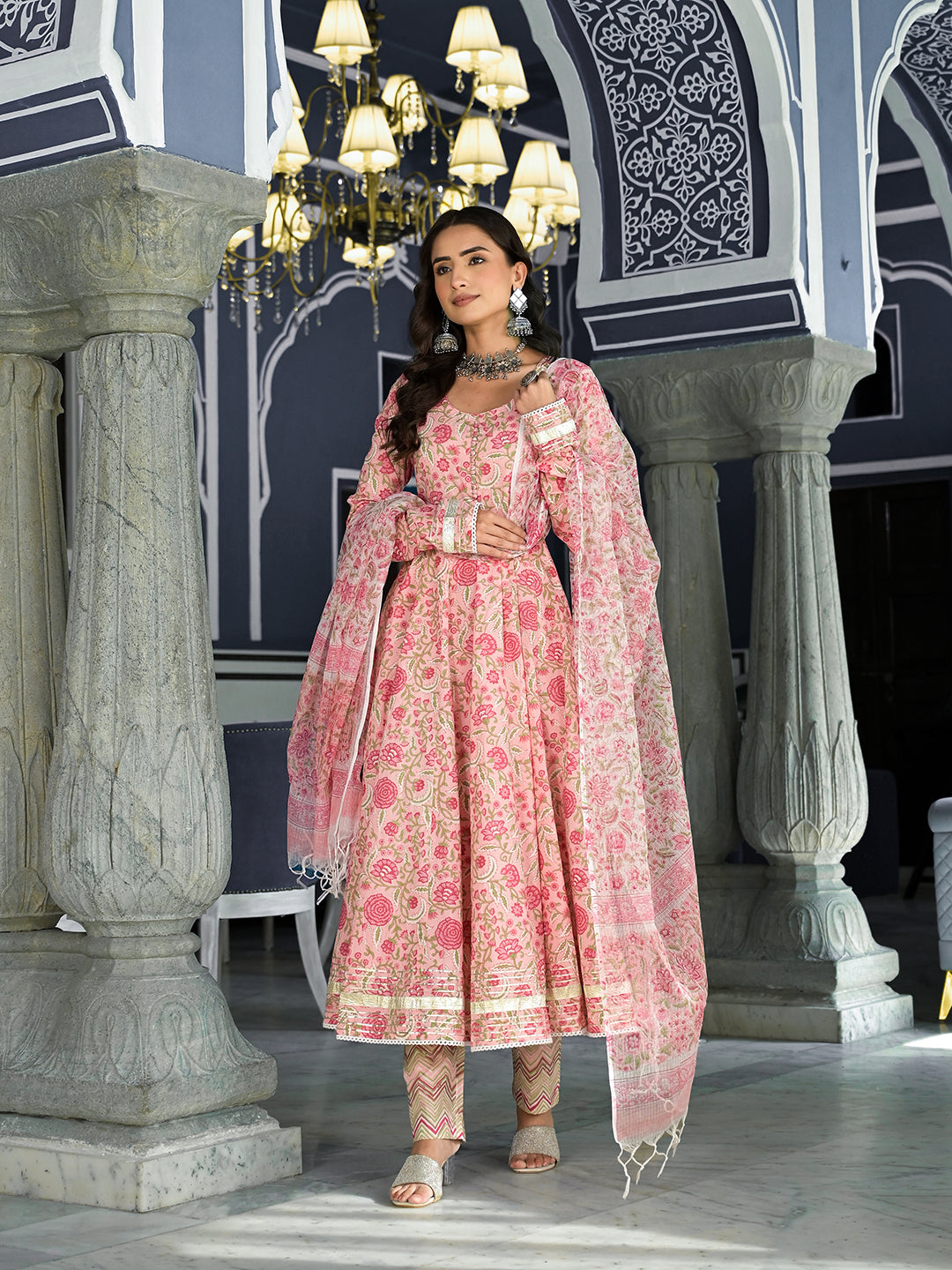 Women's Pink Floral Hand Block Printed Anarkali Kurta Trouser with Dupatta Set - Taantav