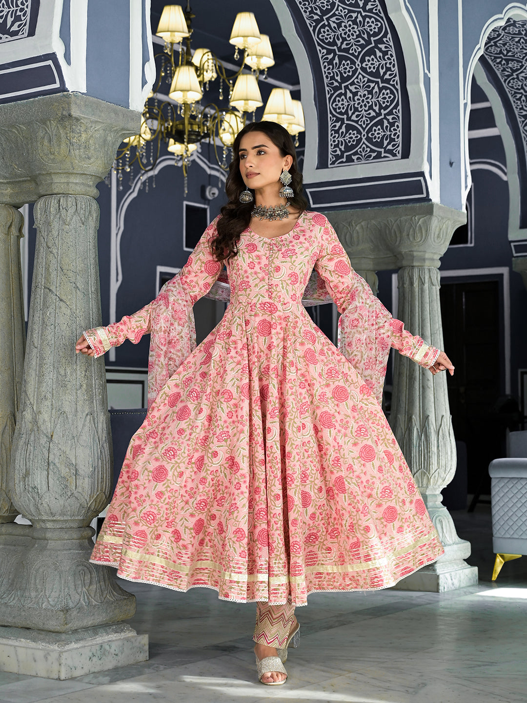 Women's Pink Floral Hand Block Printed Anarkali Kurta Trouser with Dupatta Set - Taantav