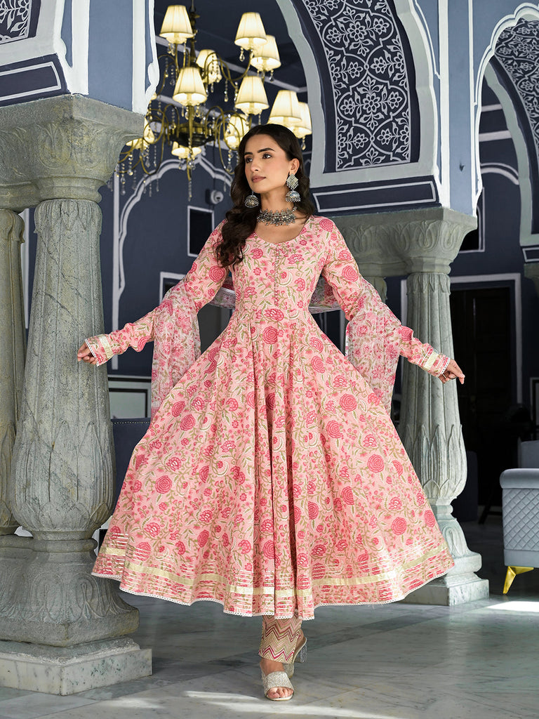 Women's Pink Floral Hand Block Printed Anarkali Kurta Trouser with Dupatta Set