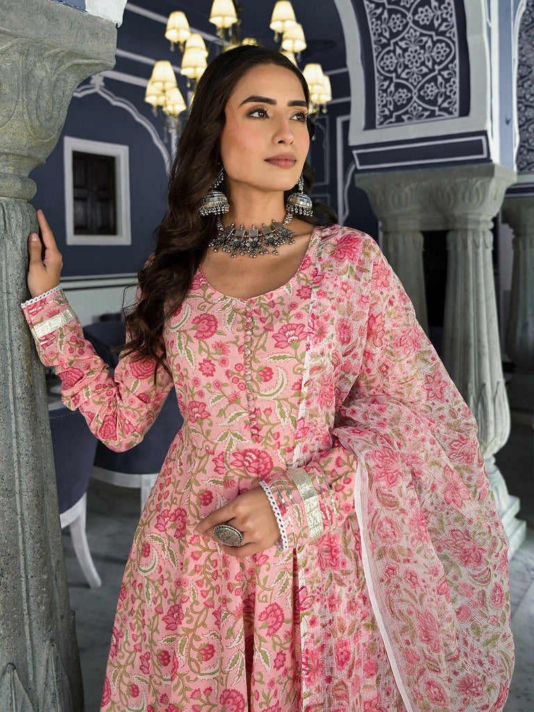 Women's Pink Floral Hand Block Printed Anarkali Kurta Trouser with Dupatta Set