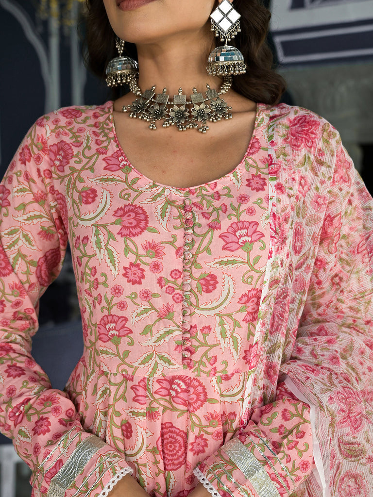 Women's Pink Floral Hand Block Printed Anarkali Kurta Trouser with Dupatta Set