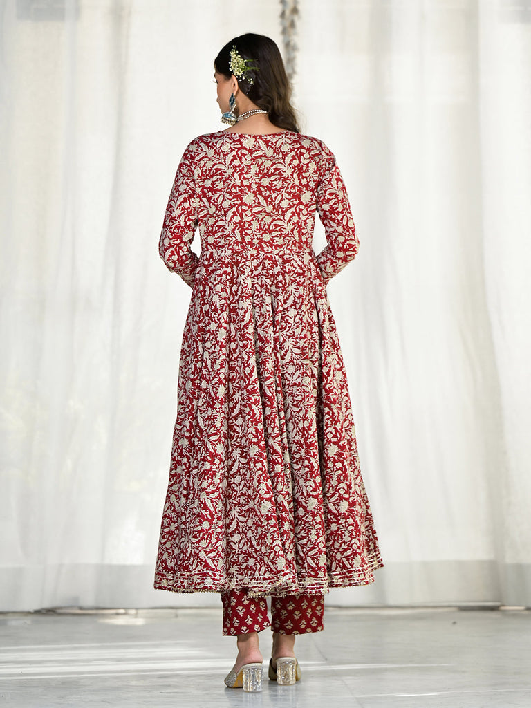 Women's Maroon Floral Printed Anarkali Cotton Kurta Trouser with Dupatta Set