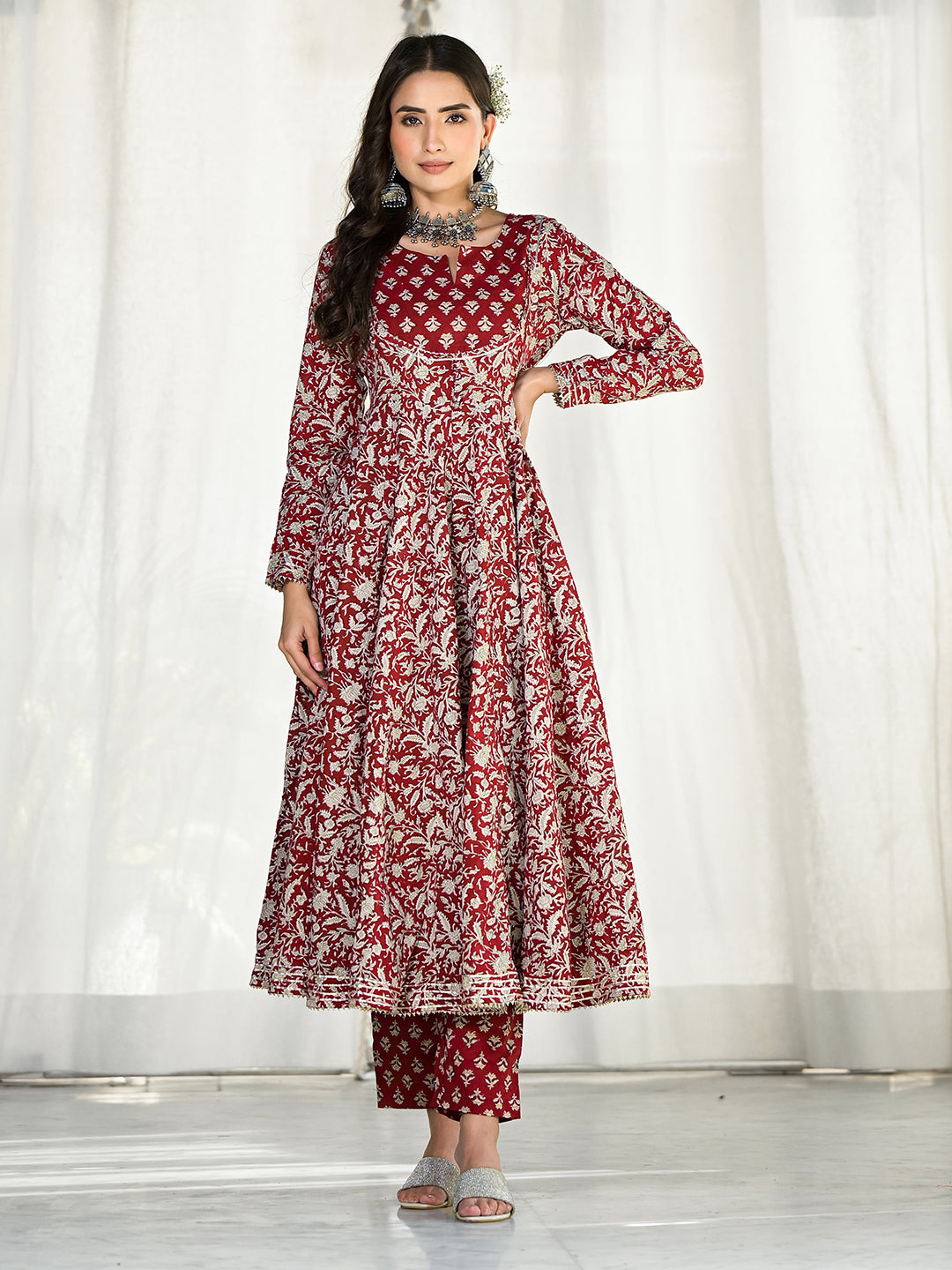 Women's Maroon Floral Printed Anarkali Cotton Kurta Trouser with Dupatta Set - Taantav