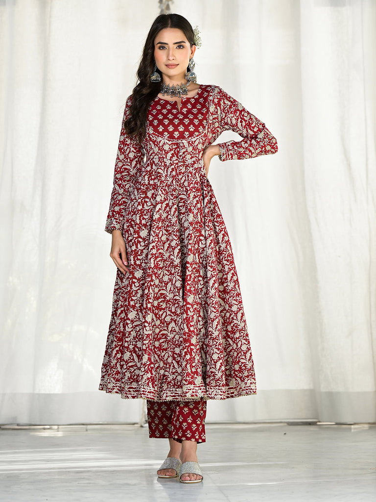 Women's Maroon Floral Printed Anarkali Cotton Kurta Trouser with Dupatta Set