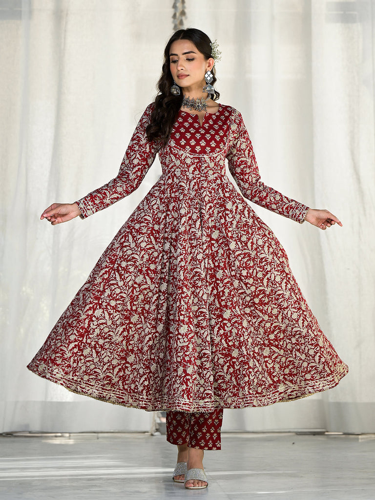 Women's Maroon Floral Printed Anarkali Cotton Kurta Trouser with Dupatta Set