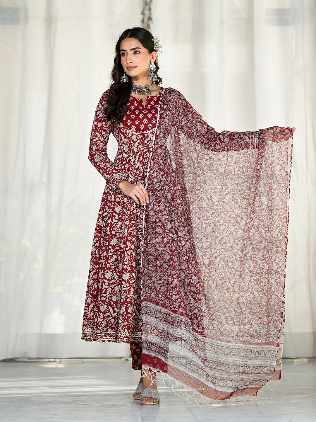 Women's Maroon Floral Printed Anarkali Cotton Kurta Trouser with Dupatta Set - Taantav