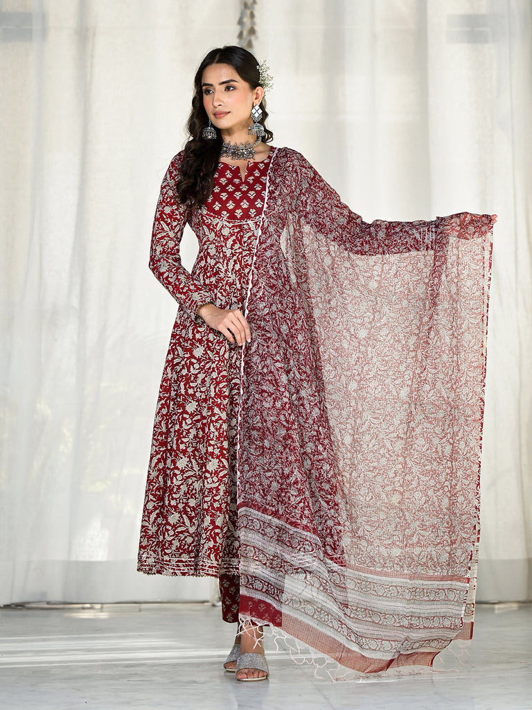 Women's Maroon Floral Printed Anarkali Cotton Kurta Trouser with Dupatta Set