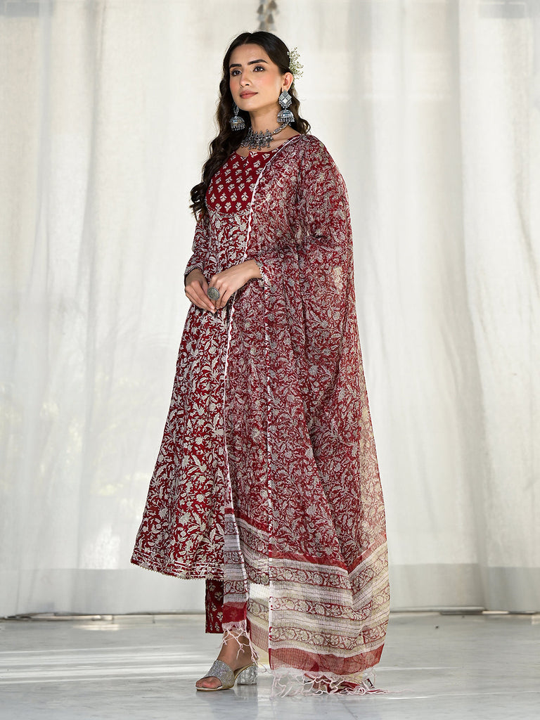 Women's Maroon Floral Printed Anarkali Cotton Kurta Trouser with Dupatta Set