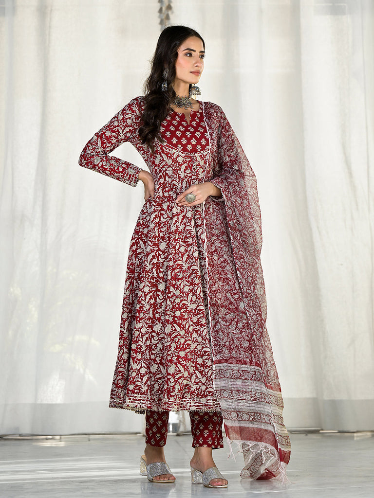 Women's Maroon Floral Printed Anarkali Cotton Kurta Trouser with Dupatta Set