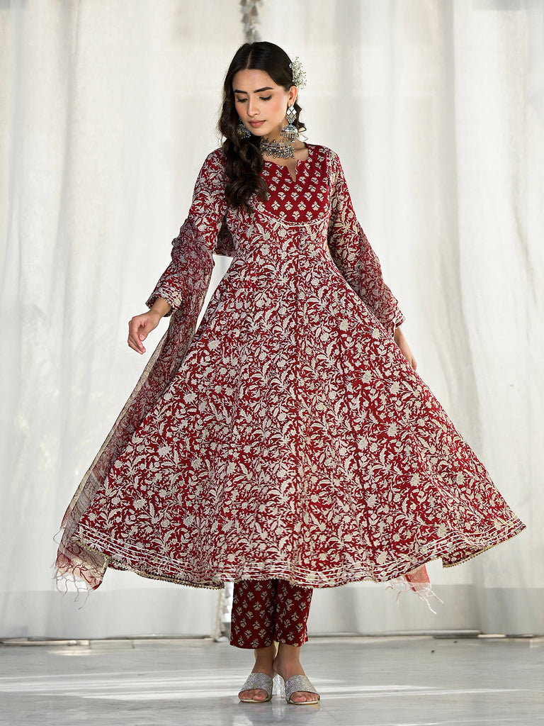 Women's Maroon Floral Printed Anarkali Cotton Kurta Trouser with Dupatta Set