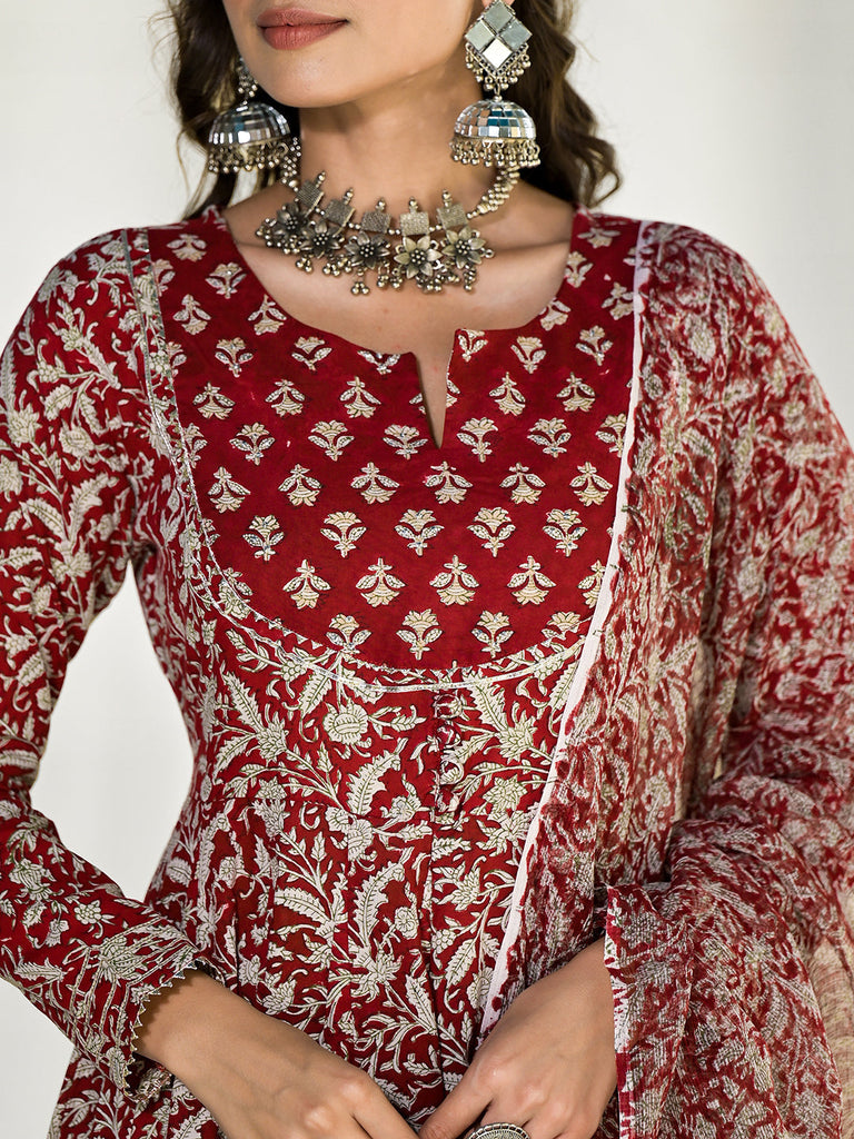 Women's Maroon Floral Printed Anarkali Cotton Kurta Trouser with Dupatta Set