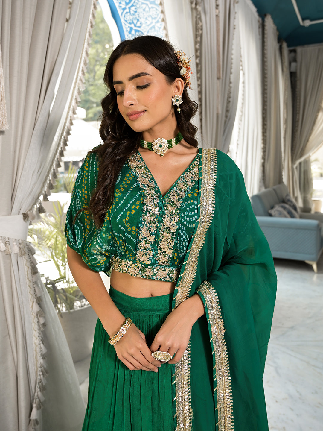 Women's Green Bandhani Print Chinon Fabric Lehenga Crop top with Dupatta Set - Taantav