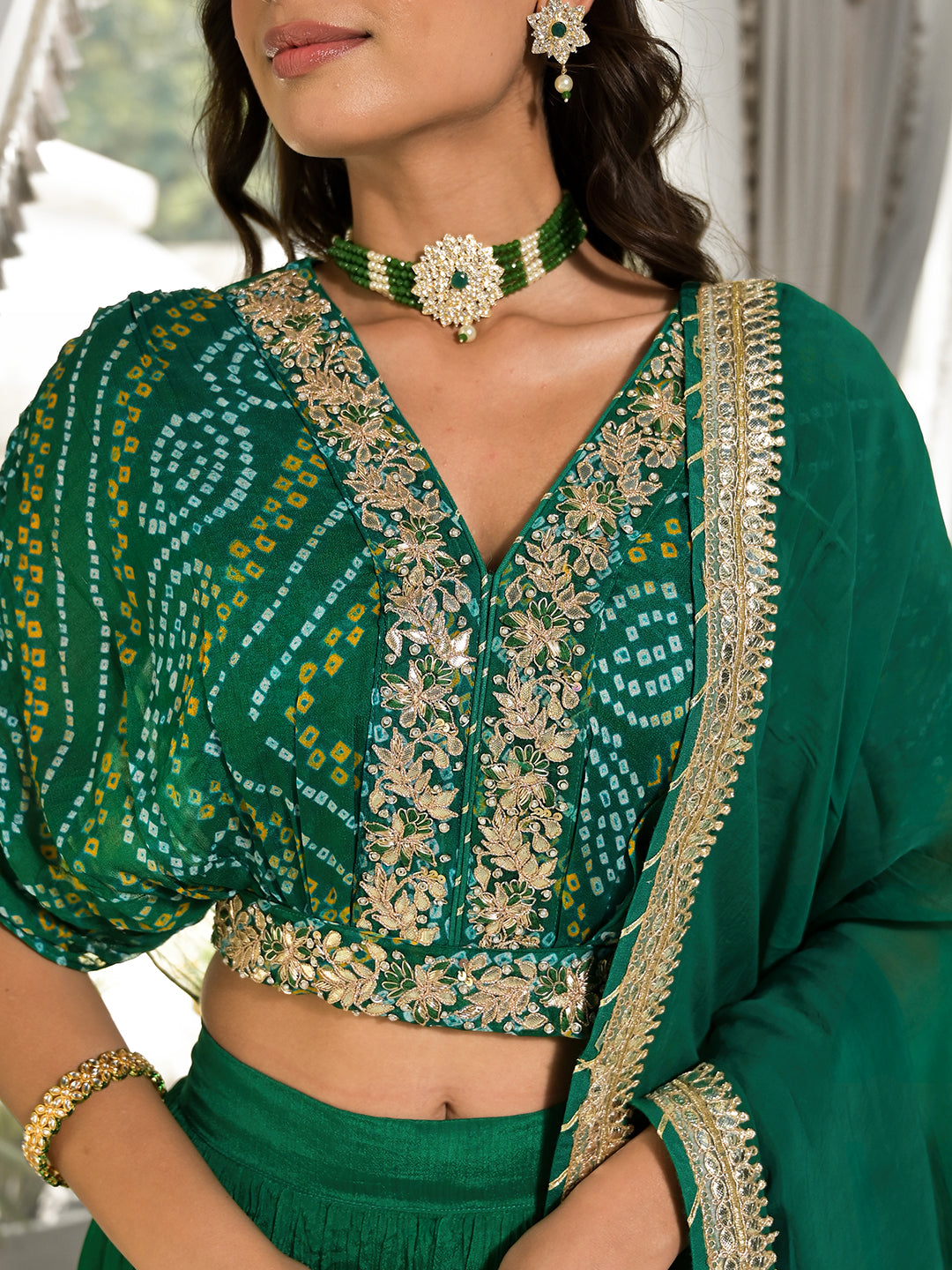 Women's Green Bandhani Print Chinon Fabric Lehenga Crop top with Dupatta Set - Taantav