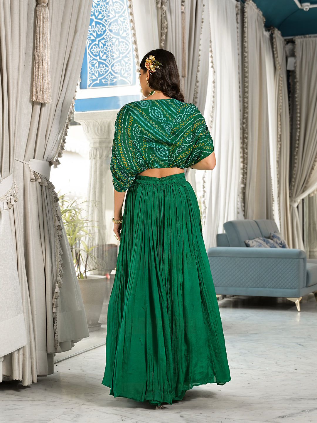 Women's Green Bandhani Print Chinon Fabric Lehenga Crop top with Dupatta Set - Taantav