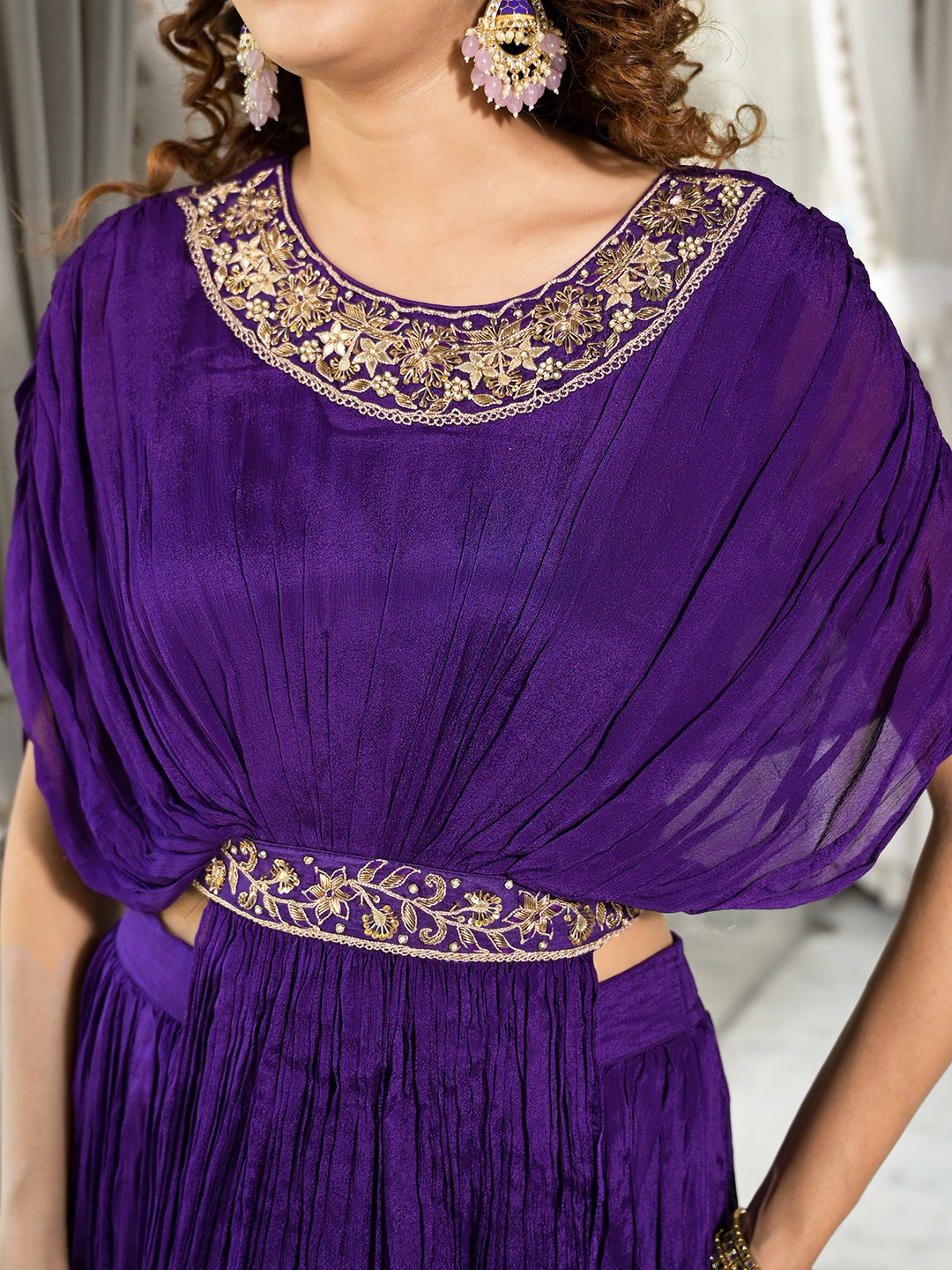 Women's Purple Zardozi Work Chinon Fabric Crop Top with Lehenga - Taantav