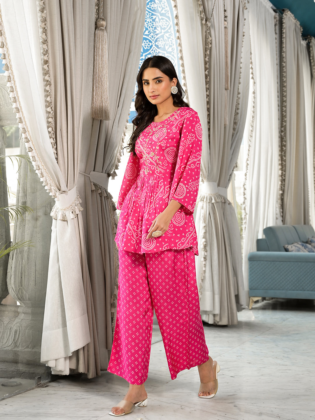 Women's Pink Digital Print Gota Work Pure Muslin Co-ord Set - Taantav