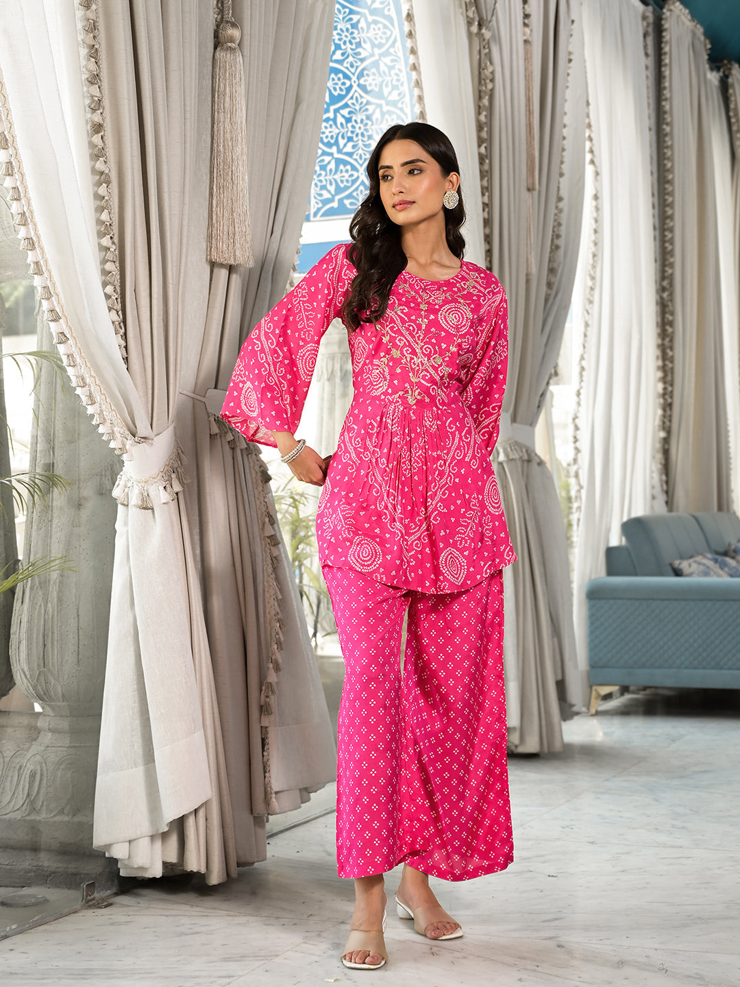 Women's Pink Digital Print Gota Work Pure Muslin Co-ord Set - Taantav