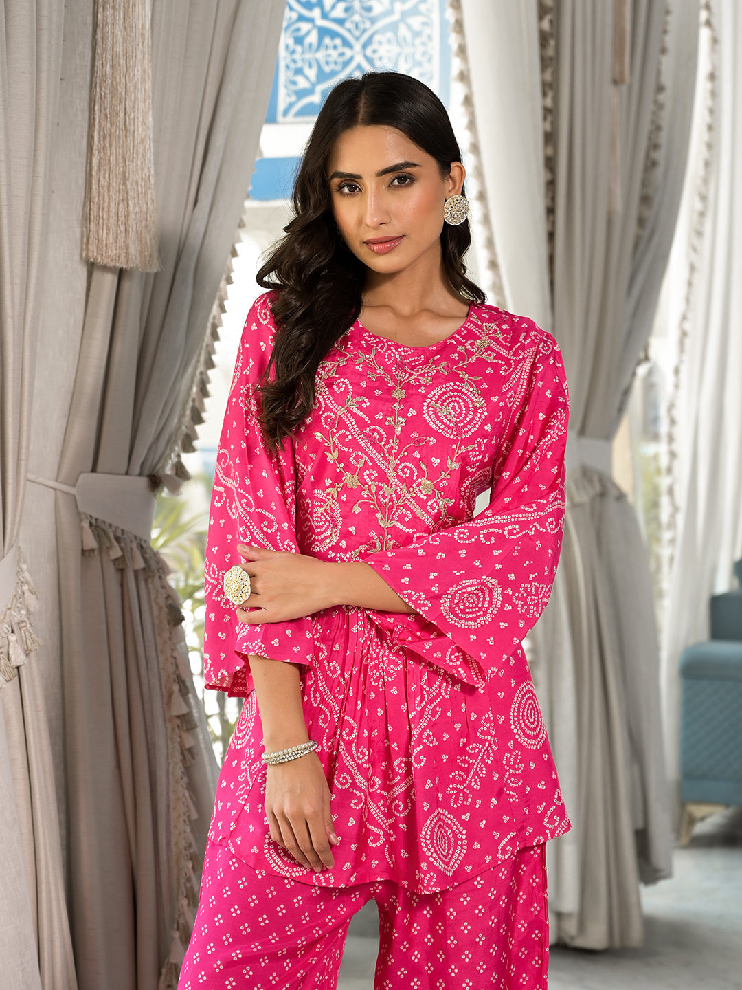 Women's Pink Digital Print Gota Work Pure Muslin Co-ord Set - Taantav