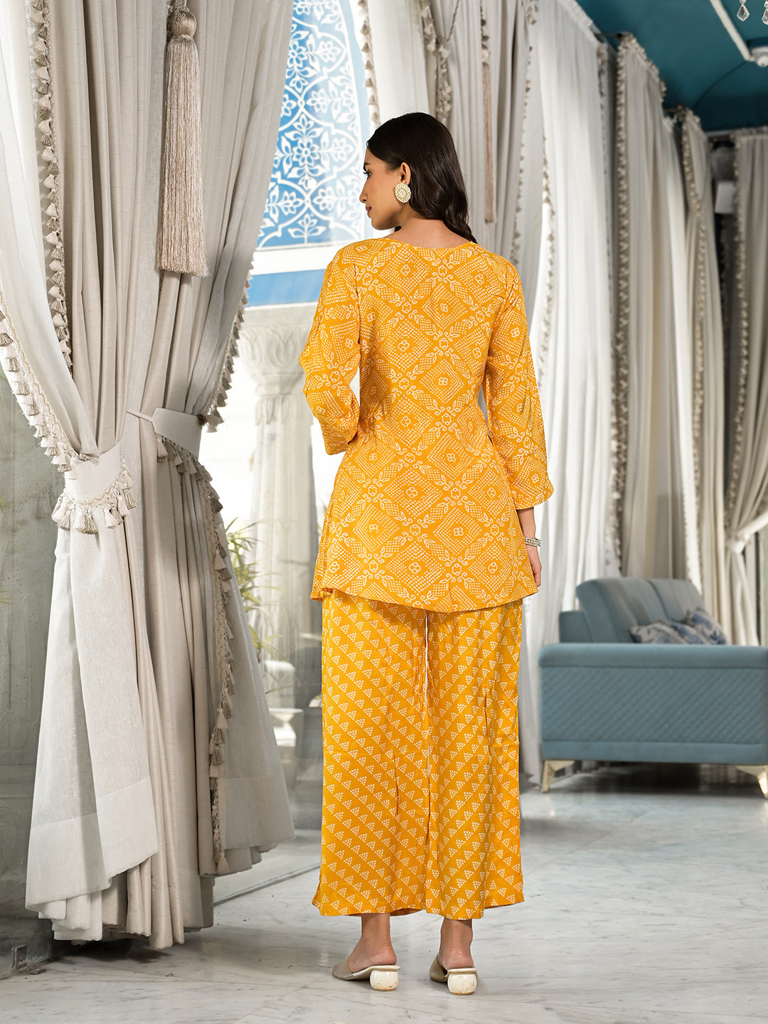 Women's Mustard Yellow Digital Print Gota Work Pure Muslin Co-ord Set - Taantav