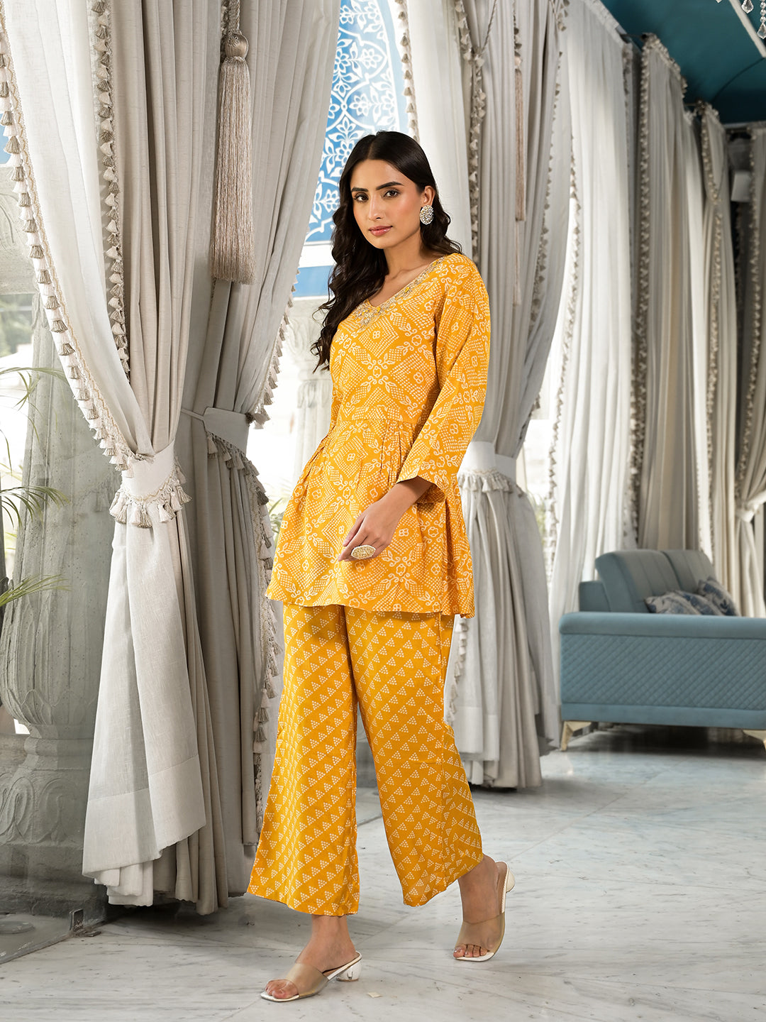 Women's Mustard Yellow Digital Print Gota Work Pure Muslin Co-ord Set - Taantav