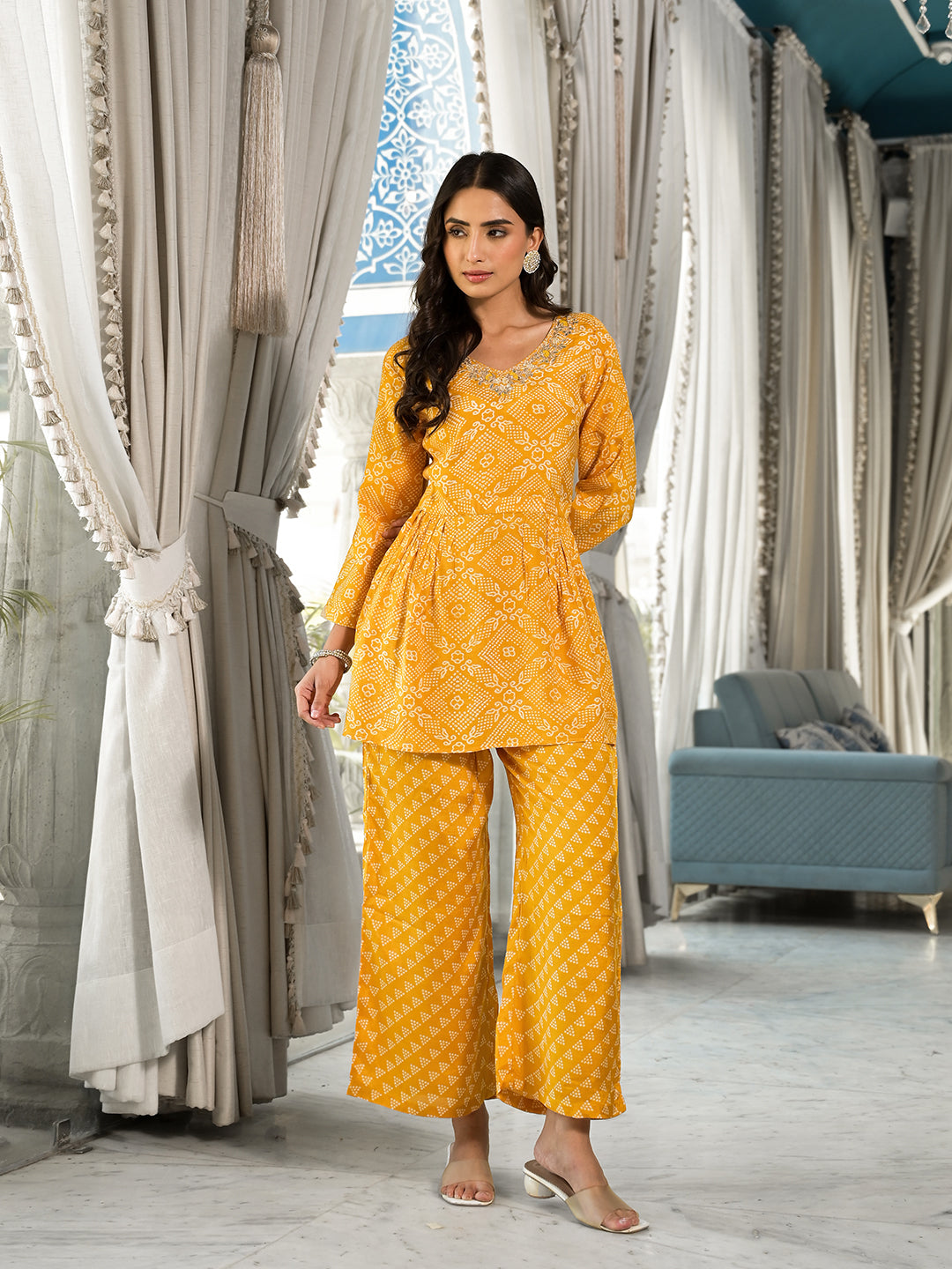 Women's Mustard Yellow Digital Print Gota Work Pure Muslin Co-ord Set - Taantav