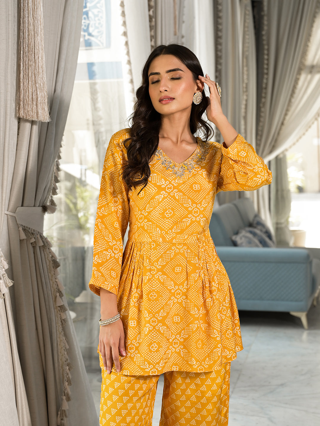 Women's Mustard Yellow Digital Print Gota Work Pure Muslin Co-ord Set - Taantav