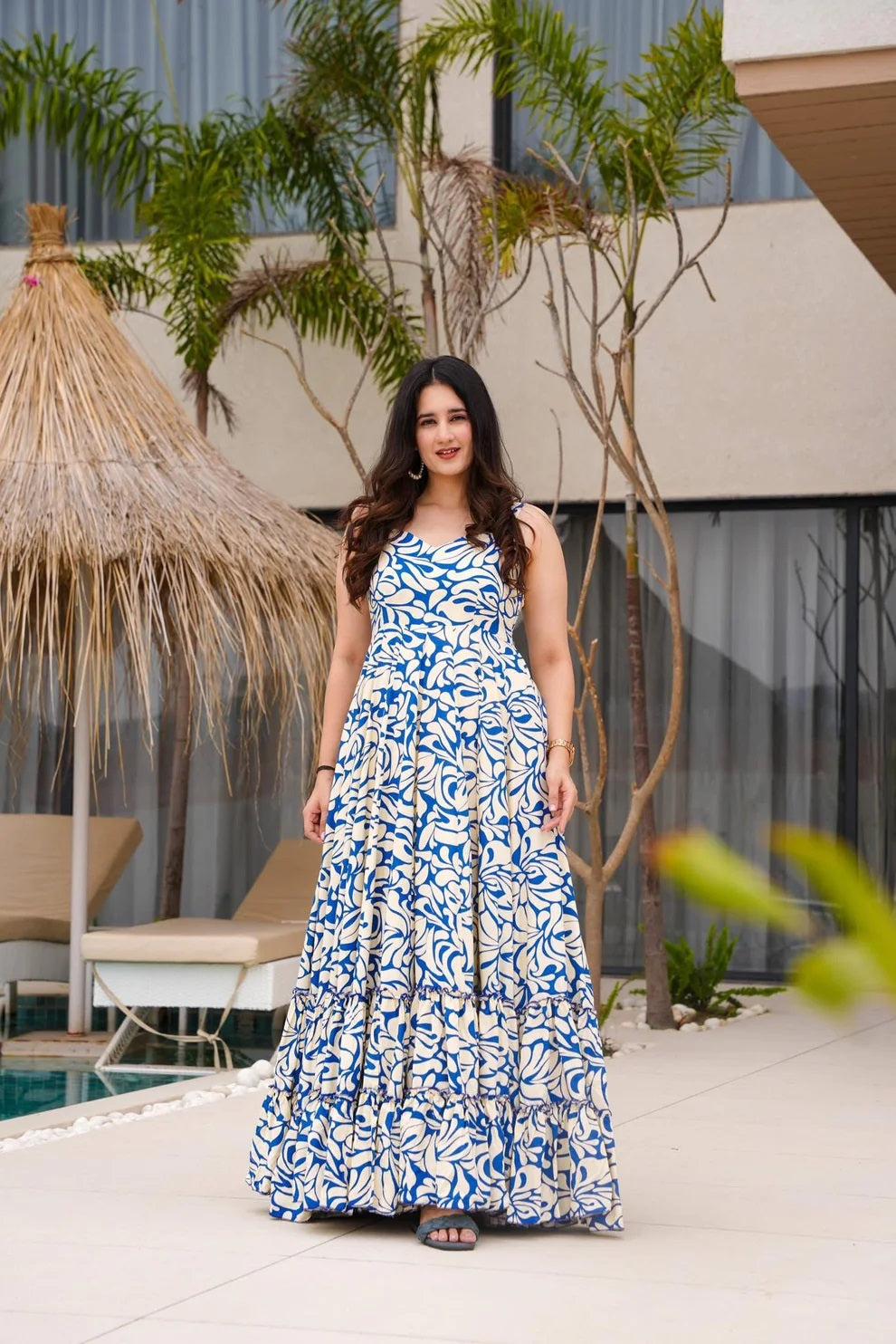 Women's Beige Cambric Cotton Printed Flared Maxi Dress Beige / S