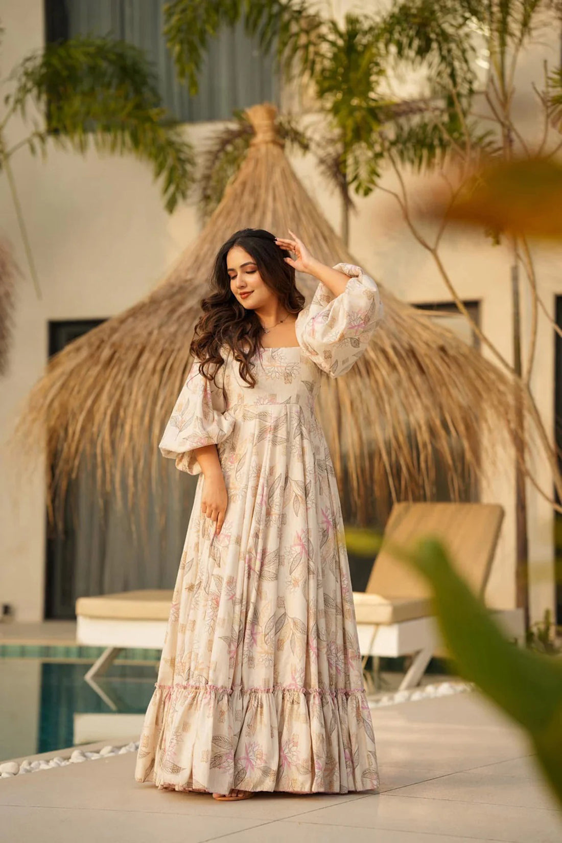 Women's Beige Cambric Cotton Printed Flared Maxi Dress – Trendia