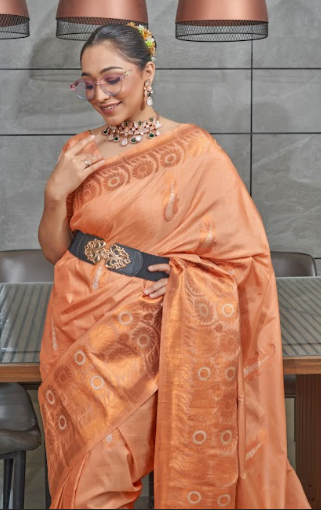 Women's Peach Devika Tussar Silk Copper Zari Woven Saree - TASARIKA